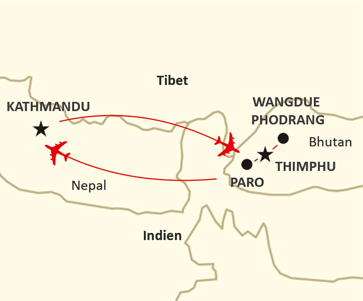 Karta för resa Nepal och Bhutan