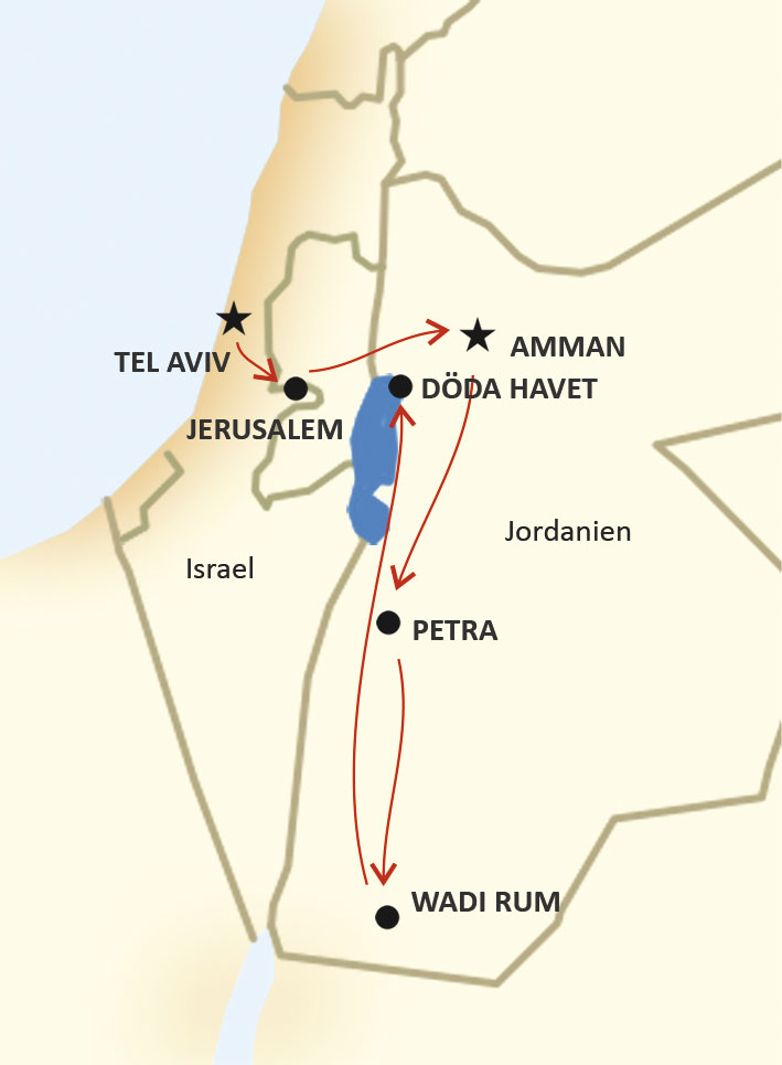 karta för resan Israel och Jordanien
