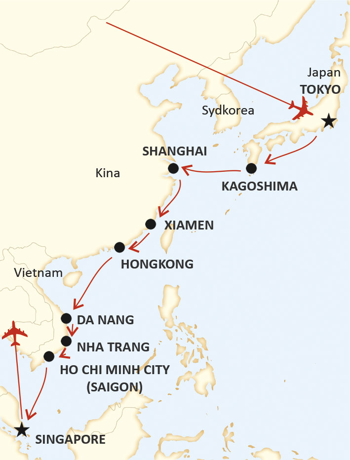 Karta för kryssning Japan till Singapore