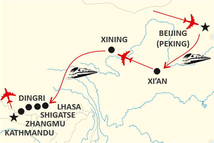 Karta för resan Kina-tibet-Nepal
