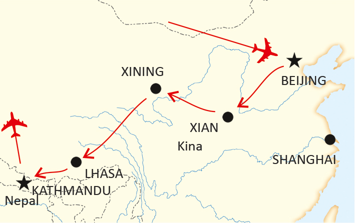 Karta för resan Kina-tibet-Nepal