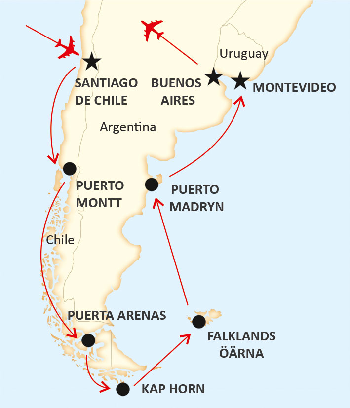 karta för kryssning runt Kap Horn