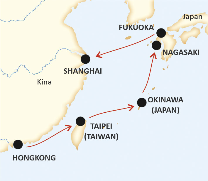 Karta för kryssning Hongkong till Shanghai