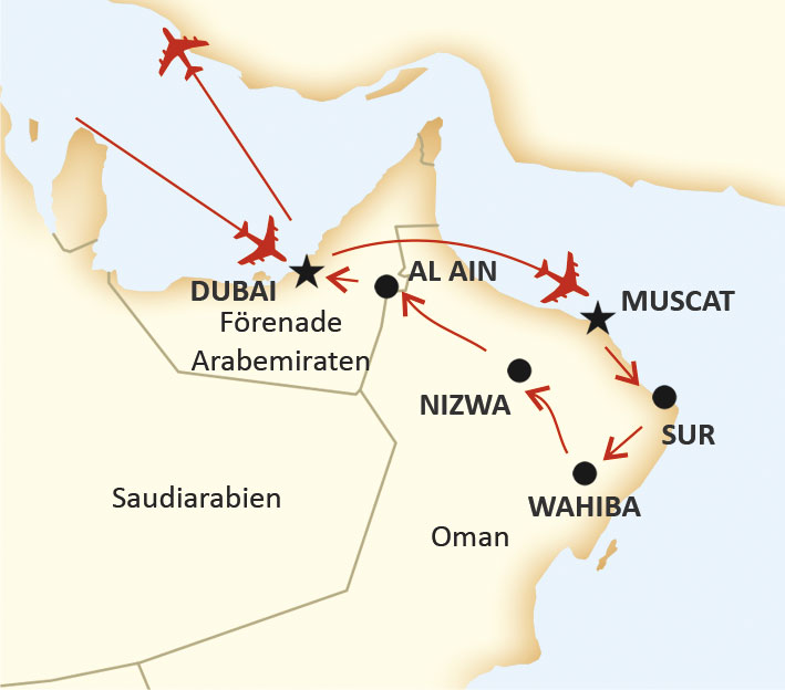 Karta resan Oman och dubai